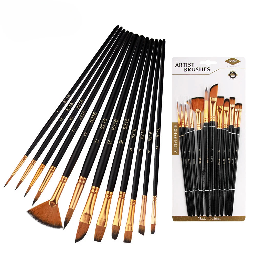 12 Pcs Nylon Bristle Brush Set, Flat Brushes, Watercolor Brushes, Oil Paint, Artists, Acrylic Painting