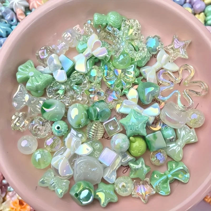 50g Iridescent Mixed Acrylic Beads - Decorative Star & Bow Charms for DIY Jewelry Making.