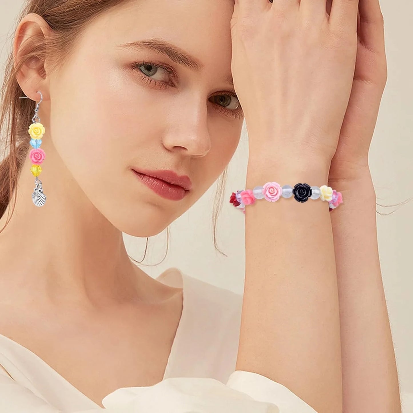 50 Pcs 12 mm Rose Flower Beads Assorted Synthetic Coral Roseflower Loose Craft Beads for DIY Jewelry Making