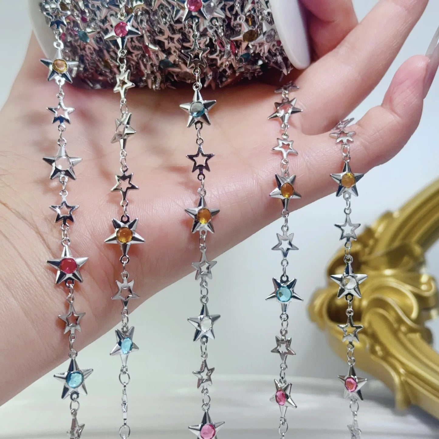 0.5/1/2M Star-Shaped Metal Chain Inlaid With Colorful Rhinestones