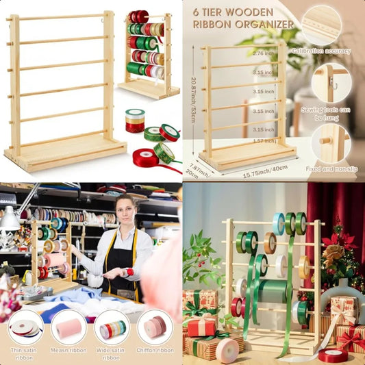 6 Tier Wooden Ribbon Storage Organizer for Sewing