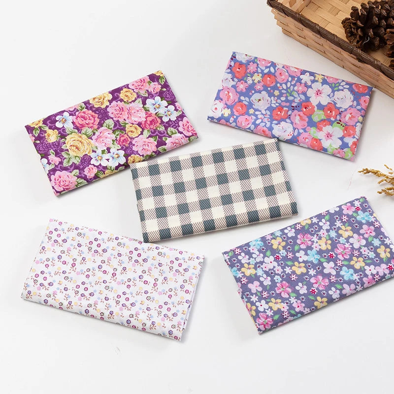 5Pcs Floral & Plaid Cotton Fabric Squares for Sewing & Quilting