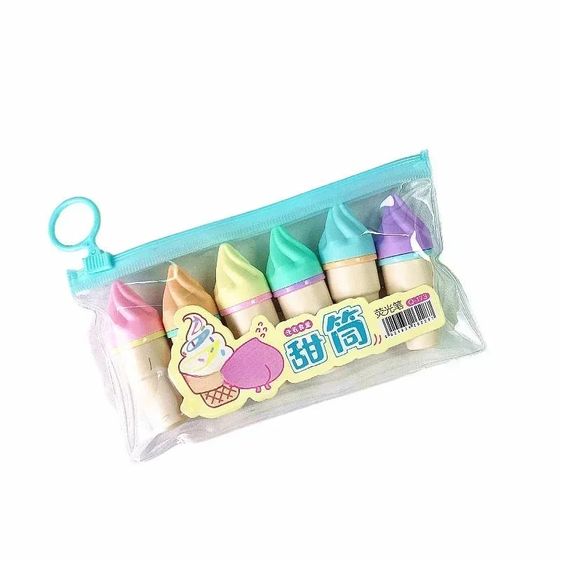 6Pcs Cute Ice Cream Highlighters Set Mini Marker Pens Kids Stationery