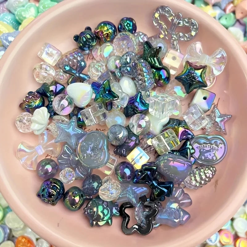 50g Iridescent Mixed Acrylic Beads - Decorative Star & Bow Charms for DIY Jewelry Making.