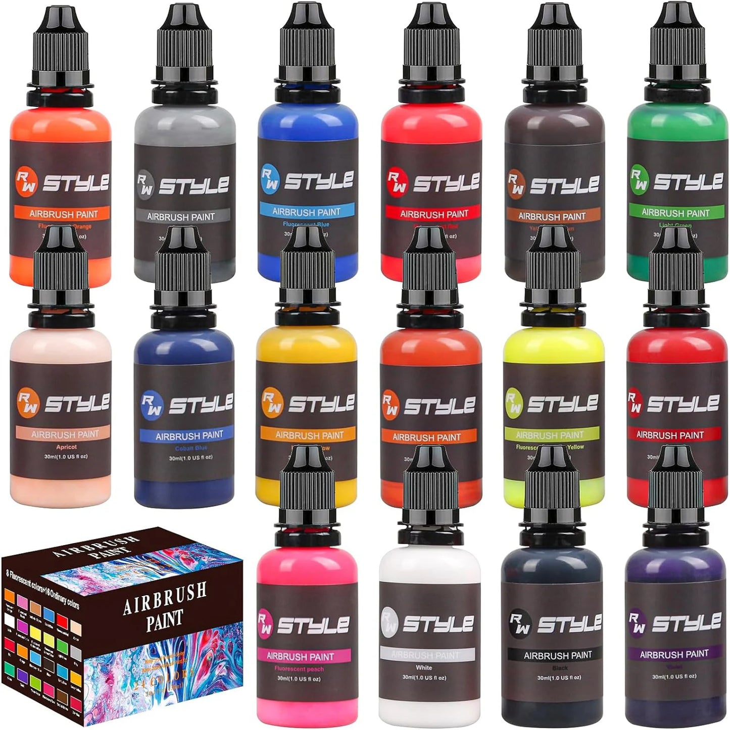 16 Colors Acrylic Airbrush (1 oz) Paint Set, Ready To Spray.