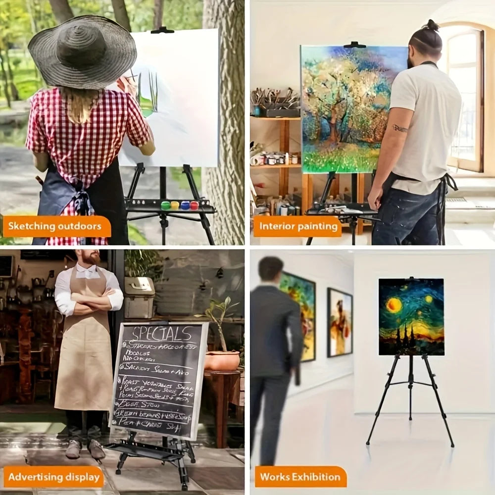Portable adjustable tripod easel with foldable design and carrying bag.