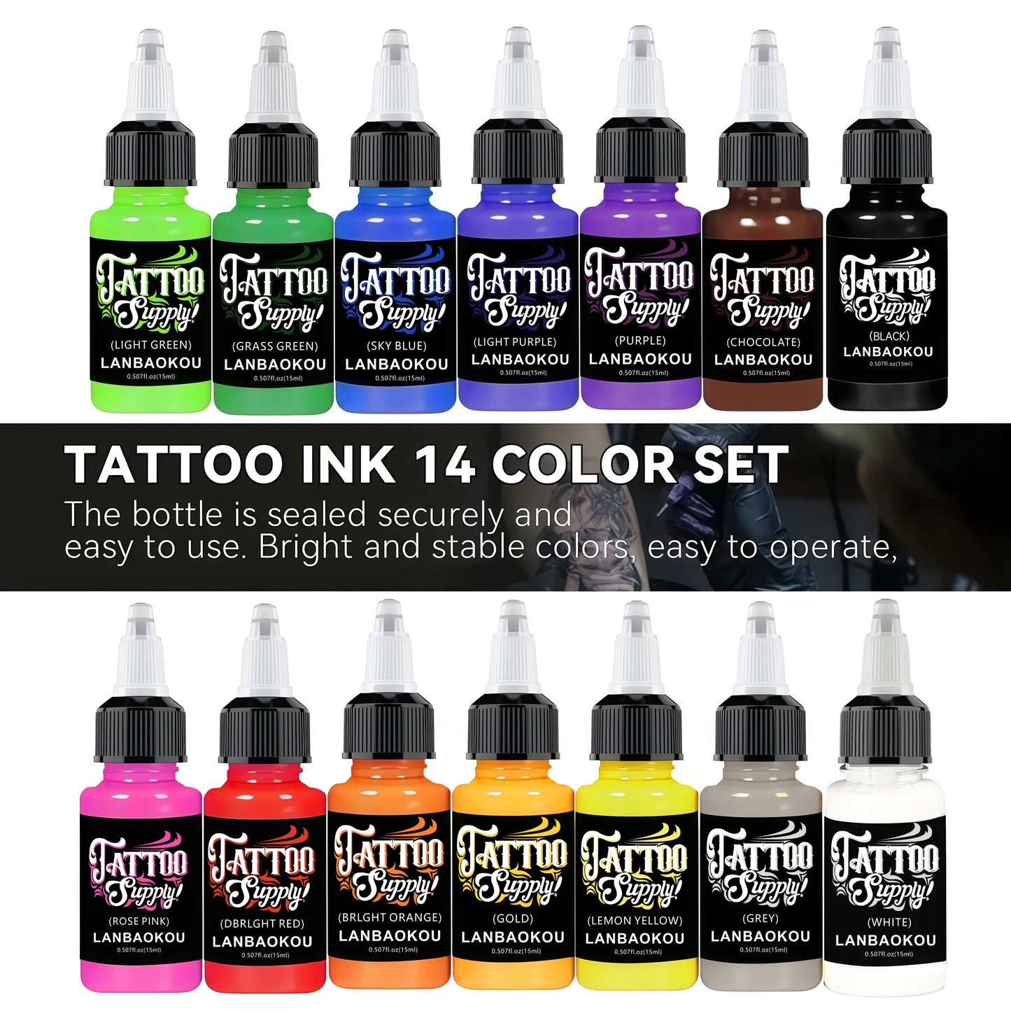 15ml 14colors TATTOO Ink Pigment Body Art, TATTOOS Kit, Professional. Semi-permanent