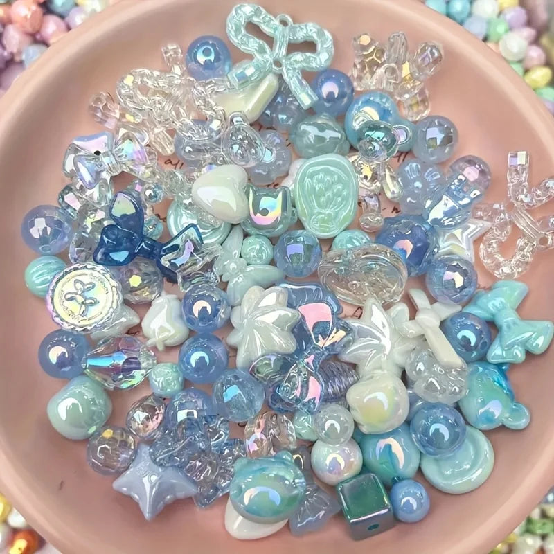 50g Iridescent Mixed Acrylic Beads - Decorative Star & Bow Charms for DIY Jewelry Making.