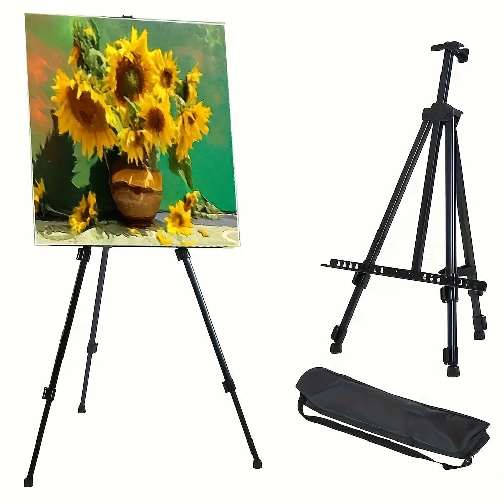 Portable adjustable tripod easel with foldable design and carrying bag.