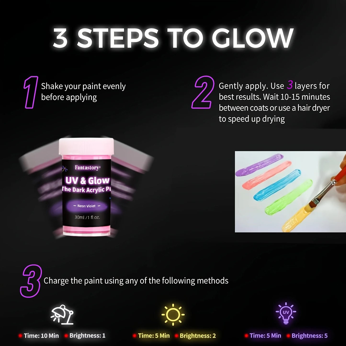 Fantastory 10pcs Glow in the Dark Acrylic Paint Set 30ml Waterproof for Stone, Glass, Wood & Crafts