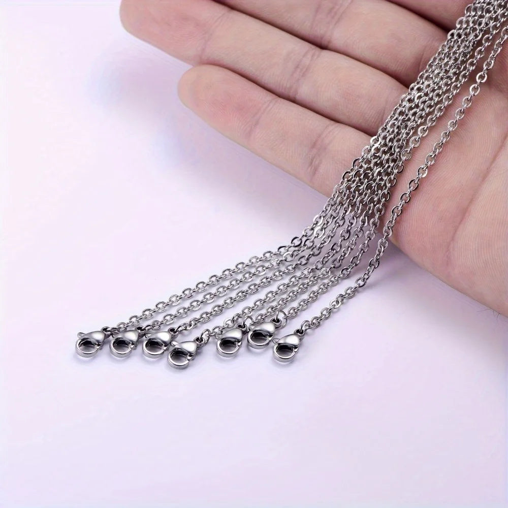 30pcs Flat Stainless Steel Necklace Chain Set, 1.5mm with Lobster Claw Clasp for DIY elegant jewelry.