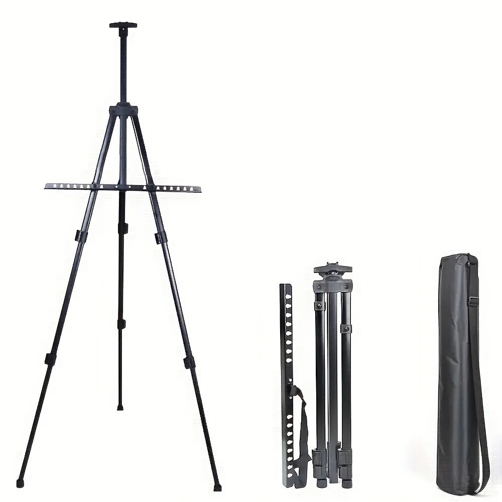 Portable adjustable tripod easel with foldable design and carrying bag.