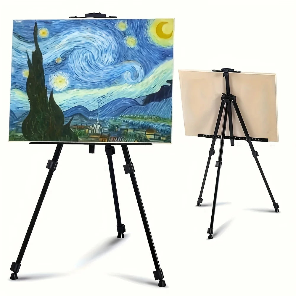 Portable adjustable tripod easel with foldable design and carrying bag.