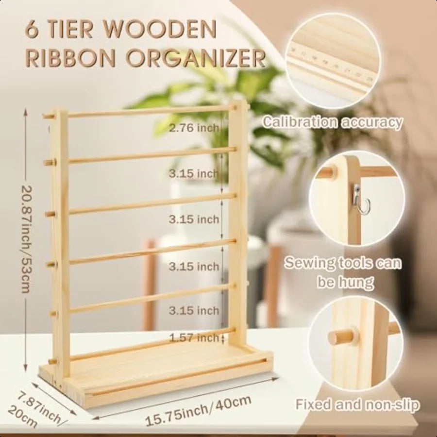 6 Tier Wooden Ribbon Storage Organizer for Sewing