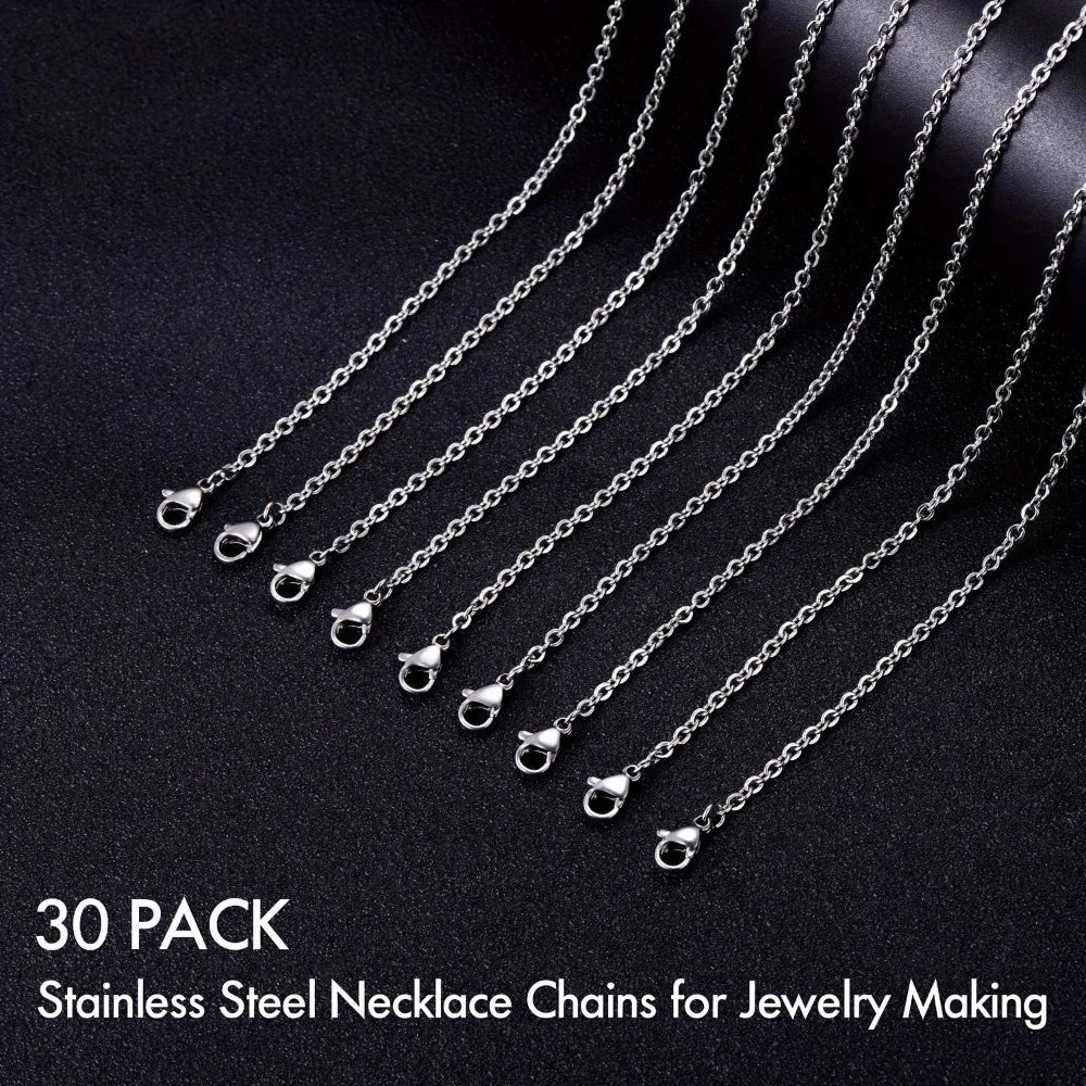 30pcs Flat Stainless Steel Necklace Chain Set, 1.5mm with Lobster Claw Clasp for DIY elegant jewelry.