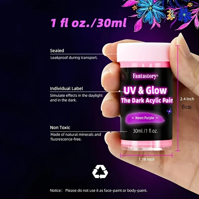 Fantastory 10pcs Glow in the Dark Acrylic Paint Set 30ml Waterproof for Stone, Glass, Wood & Crafts