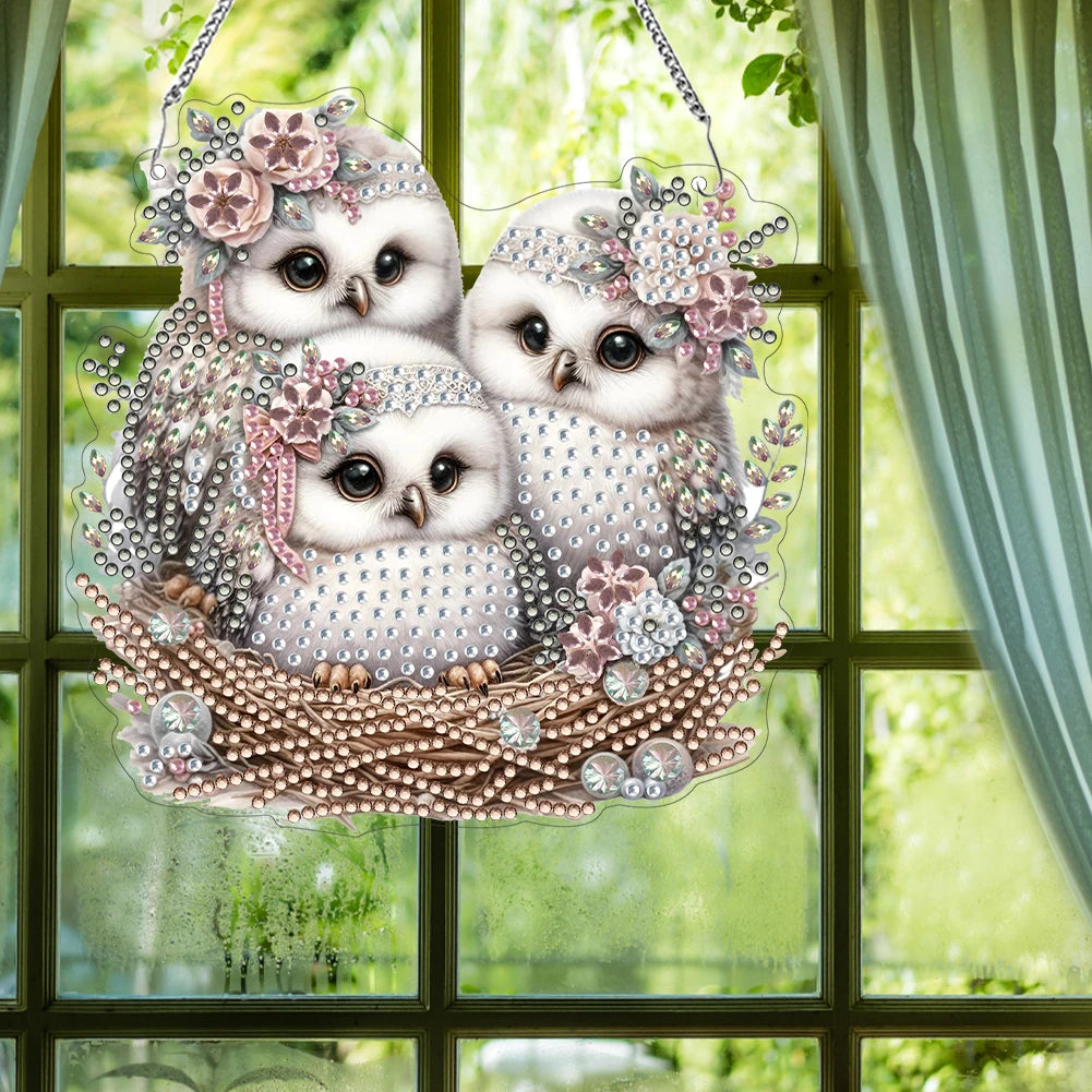 5D DIY Double-Sided Acrylic Owl Diamond Painting Hanging Pendant