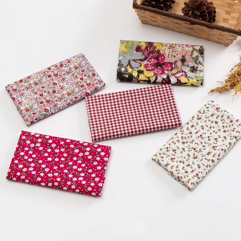 5Pcs Floral & Plaid Cotton Fabric Squares for Sewing & Quilting