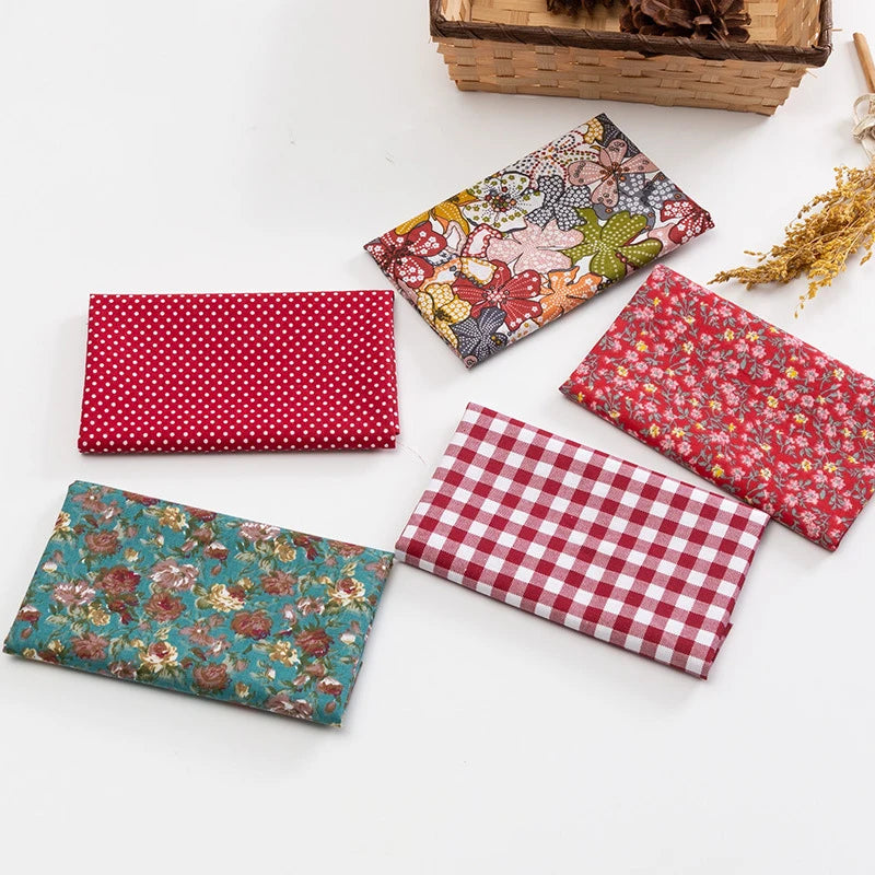 5Pcs Floral & Plaid Cotton Fabric Squares for Sewing & Quilting