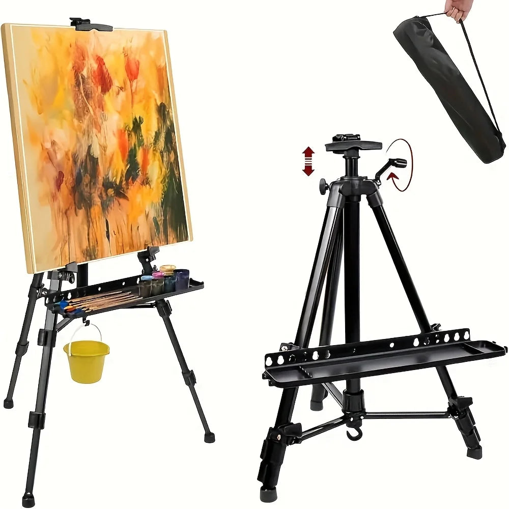 Portable adjustable tripod easel with foldable design and carrying bag.