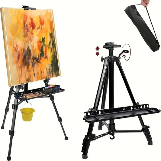 Portable adjustable tripod easel with foldable design and carrying bag.