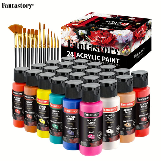 Craft Paint With 12 Brushes, Acrylic Paint Set
