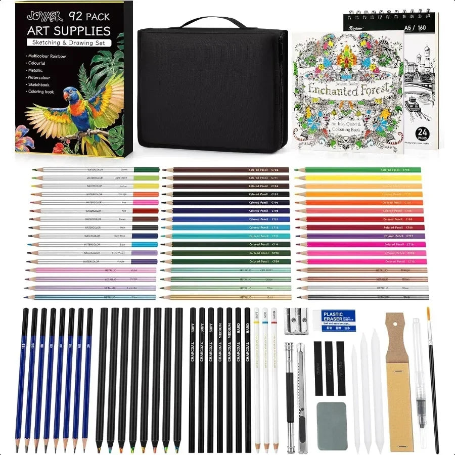 92 Pack Art Drawing Set with Colored, Watercolor & Charcoal Pencils