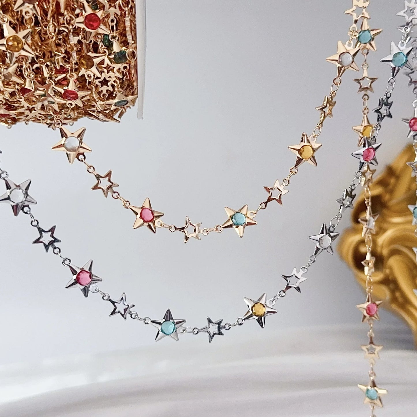 0.5/1/2M Star-Shaped Metal Chain Inlaid With Colorful Rhinestones