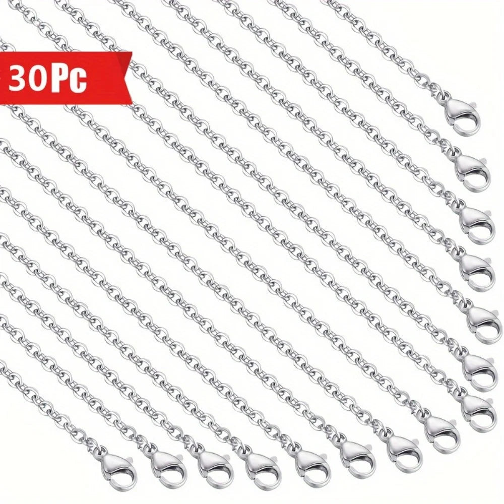 30pcs Flat Stainless Steel Necklace Chain Set, 1.5mm with Lobster Claw Clasp for DIY elegant jewelry.