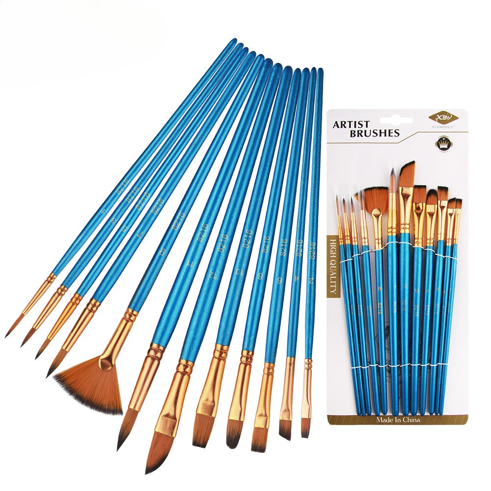 12 Pcs Nylon Bristle Brush Set, Flat Brushes, Watercolor Brushes, Oil Paint, Artists, Acrylic Painting