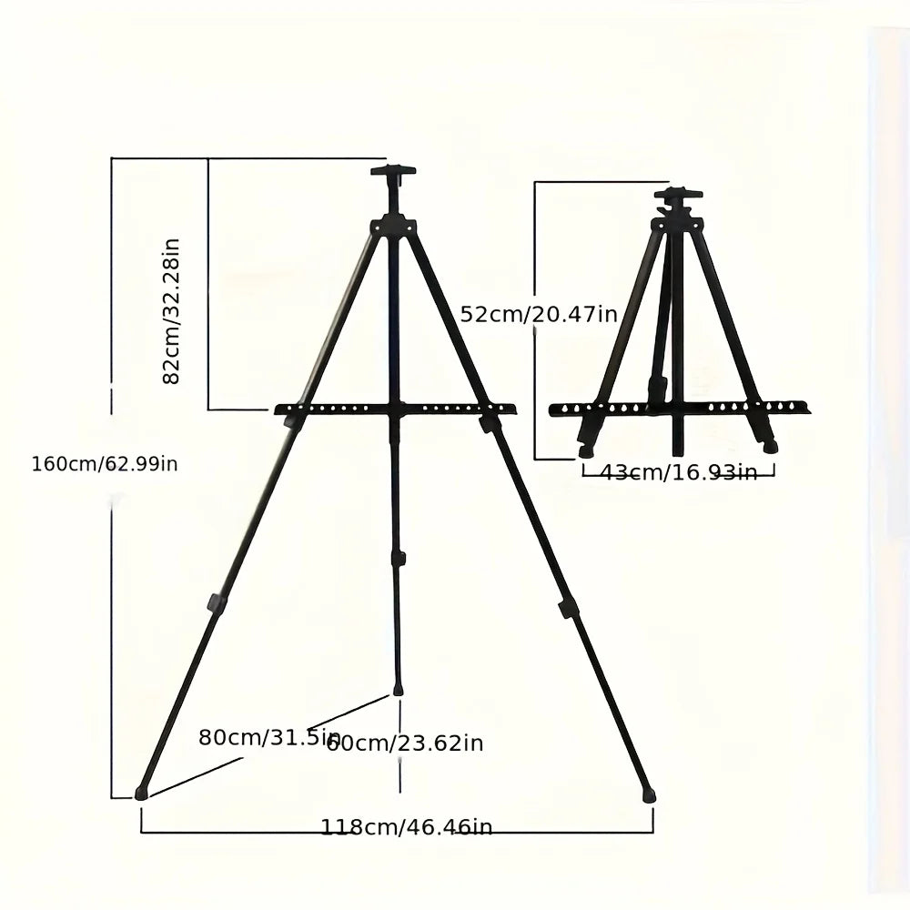 Portable adjustable tripod easel with foldable design and carrying bag.