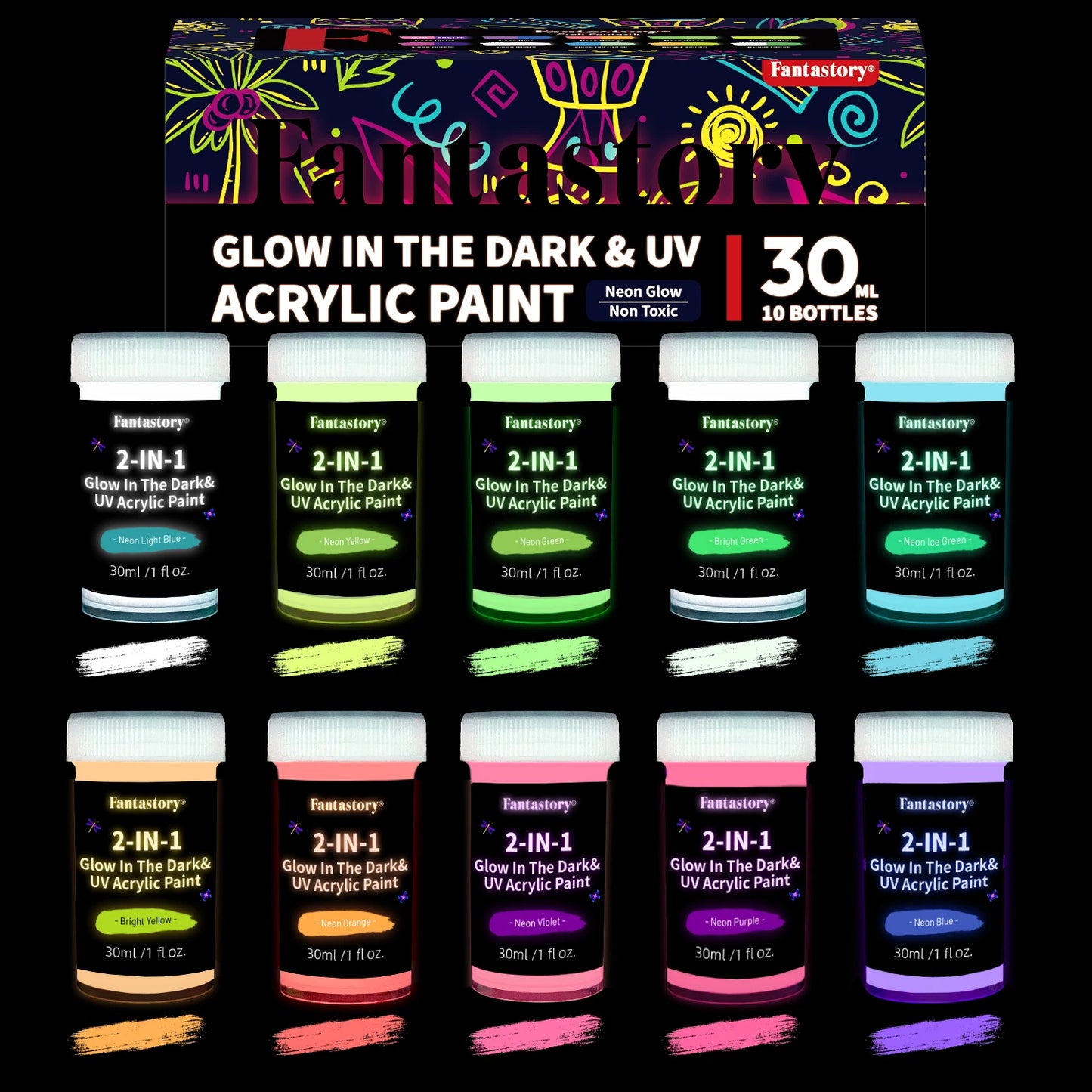 Fantastory 10pcs Glow in the Dark Acrylic Paint Set 30ml Waterproof for Stone, Glass, Wood & Crafts