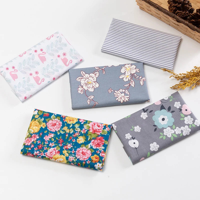 5Pcs Floral & Plaid Cotton Fabric Squares for Sewing & Quilting